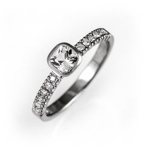 White sapphire engagement ring, sapphire and diamond engagement ring, bezel setting, milgrain wedding ring, unique wedding ring, cushion cut