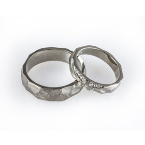 Matching wedding bands, rustic wedding ring set, hammered wedding band set, diamond wedding band, unique handmade wedding rings,forged bands