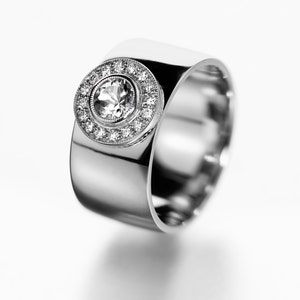 Unique engagement ring, wide engagement ring, white sapphire halo ring, modern engagement ring, wide diamond ring, wide diamond halo ring