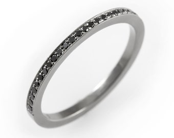 Black diamond wedding band, thin black diamond half eternity ring, diamond wedding band, milgrain wedding band, dainty diamond wedding band