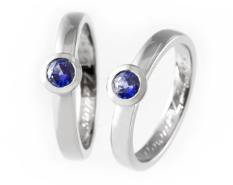 Blue sapphire rings, sapphire ring set for her and her, matching sapphire rings, bezel set engagement ring, unique handmade sapphire rings