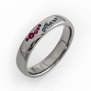 Flush set blue diamond ring, flush set ruby ring, alternative wedding band, ruby wedding ring, modern wedding ring, flush diamond ruby ring