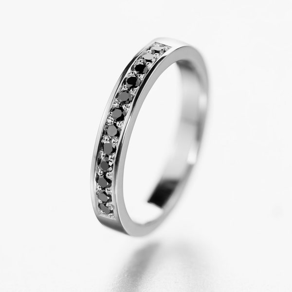 Black Pave Ring, Black Pave Band, Black Eternity Band, Black Diamond Ring, Ring Small Diamonds, Half Eternity Ring with Black Stones for Her