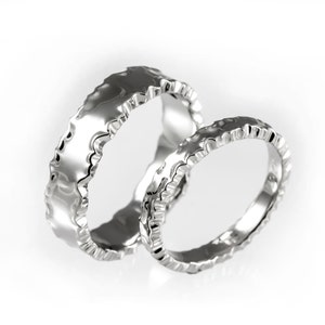 Unique wedding band set, white gold wedding ring set, wedding band woman, mans wedding band, matching wedding bands, hammered rings, forged