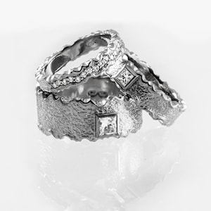 Matching wedding bands, matching wedding ring set, wedding ring set him and her, engagement ring set, unique wedding rings,princess diamonds