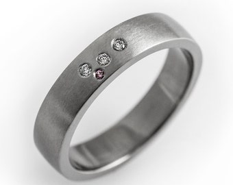 Unique wedding band, modern engagement ring, simple wedding ring, pink sapphire, diamond wedding band, flush set ring, matte diamond ring