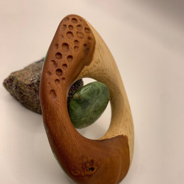 Handcrafted Fidget -  Pecan wood, brass, & prase jasper - handheld tool for cultivating mindfulness and focus - one of a kind-  MuseFire art