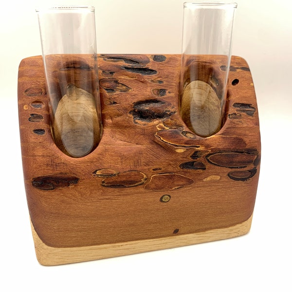 Duo Bud Vase Propagation Station - Handcrafted from live edge Pecan Wood - tubes to hold flowers or plants -  by MuseFire art - Sustainable