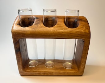 Salvaged Oak Wood Three Bud Vase Holder /  Propagation Station with Window - Glass Tubes - perfect to hold flowers, plant babies, or spices