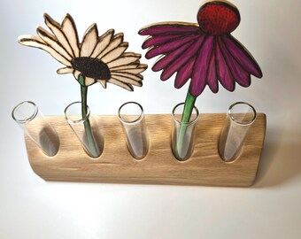 Salvaged Oak Wood Five Bud Vase Holder /  Propagation Station with Glass Tubes - perfect to hold flowers or spices - made by MuseFire art