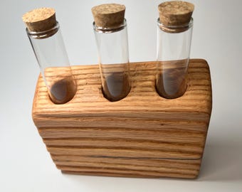 Salvaged Oak Wood Three Bud Vase Holder /  Propagation Station with Glass Tubes - perfect to hold flowers or spices - made by MuseFire art