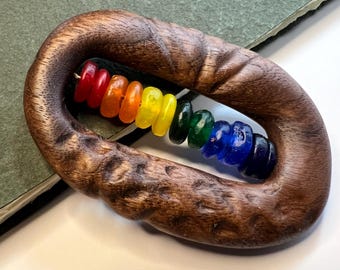 Handcrafted Pride Fidget -  Walnut, brass, and a rainbow of recycled glass beads - handheld focus tool for cultivating mindfulness