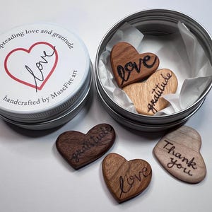 Handcrafted Gratitude Hearts Tin – Pyrography Intention Art, Custom Gift