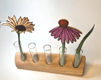 Salvaged Oak Wood Five Bud Vase Holder /  Propagation Station with Glass Tubes - perfect to hold flowers or spices - made by MuseFire art