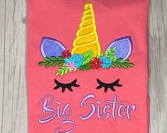 Big Sister T Shirt Embroidery Stitched T-shirt Kids T-shirt Birthday T-shirt Girls T-shirt  Sibling Tee