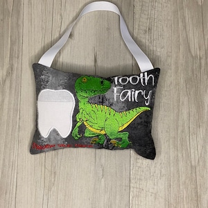 Tooth Fairy Pillow Front Money Pocket Boy Birthday Gift Keepsake Dinosaur Hanging Cushion