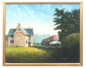 Vintage oil painting Mid-Century English Landscape Oil Painting Thurmaston Cottage Leicestershire Canal Boat
