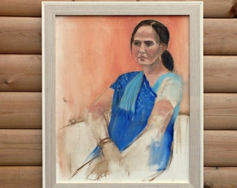 Vintage oil painting Woman in Blue Saree, Portrait Framed Oil Painting  Figurative oil painting Penny Manners
