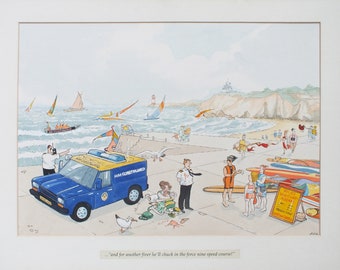 Tugg signed watercolour cartoon, Windurfing School Coastguard annotation, Mounted original Art