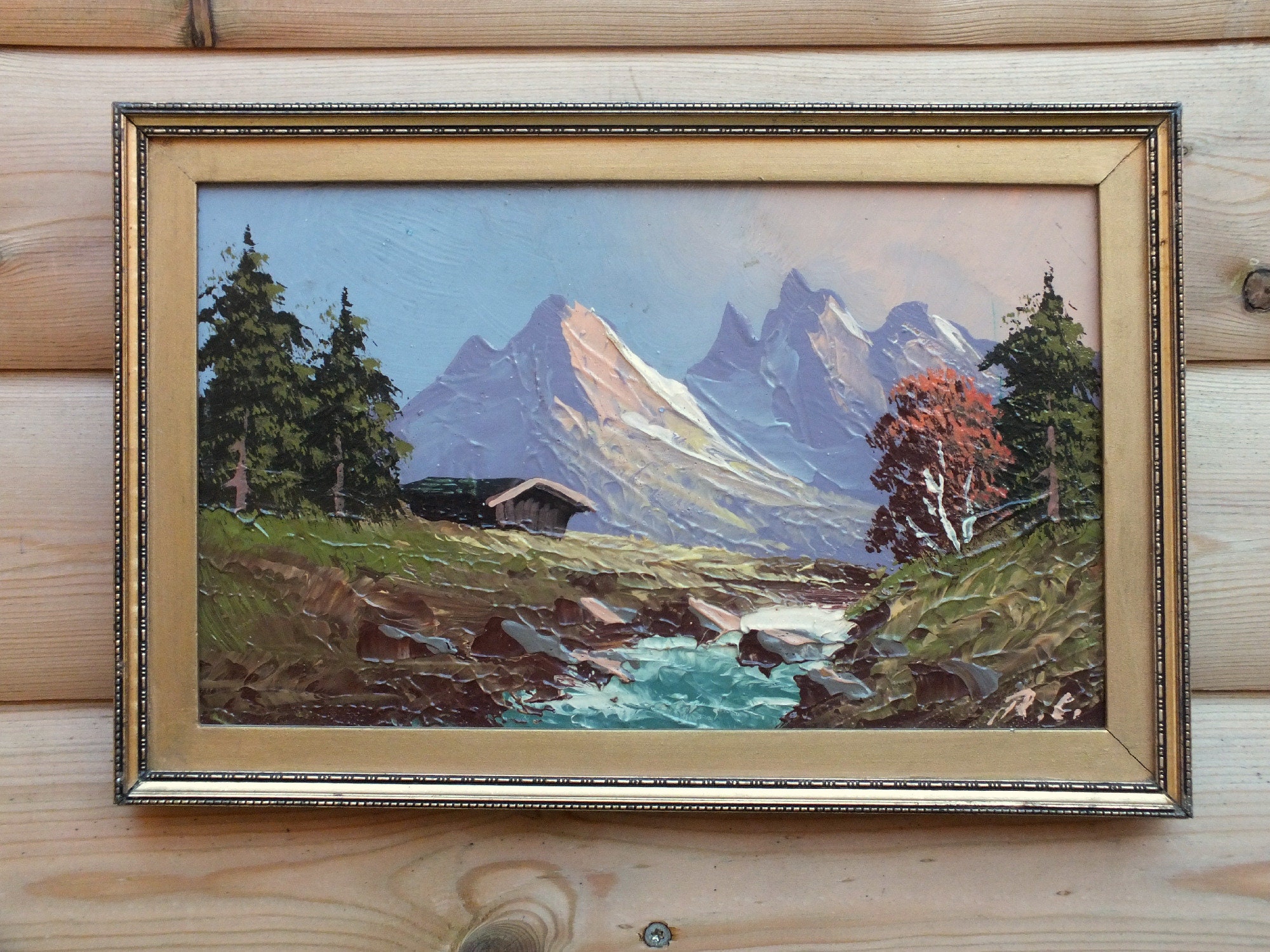 Vintage Oil Painting Swiss Alpine Mountain Cabin Scene Oil Painting ...