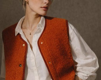 Burt Orange Merino Wool Fleece Vest - Boxy Snap Button Gilet HOPE
