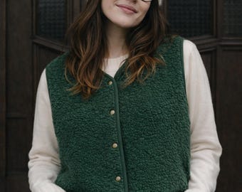 Bottle Green Merino Wool Fleece Vest - Boxy Snap Button Gilet HOPE