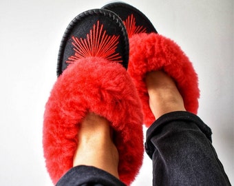 Red Sheepskin Moccasin Slippers