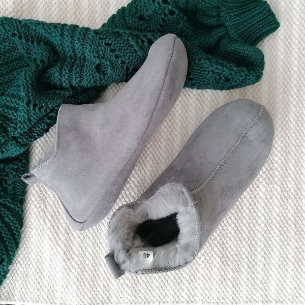 Miko Grey Luxury Sheepskin Slippers Boots Men Women Unisex