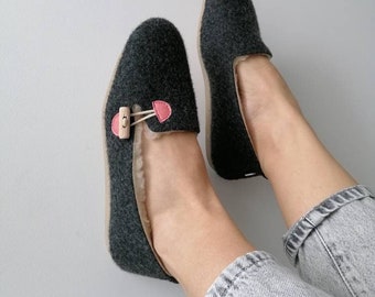 Graphite Felt Ballerina Slippers with Pink Details