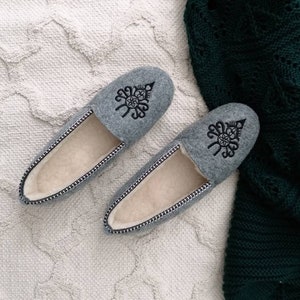 Felt Black Embroidered Ballerina Slippers Large Sizes