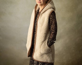 Beige Kapuzen lange Wolle Gilet