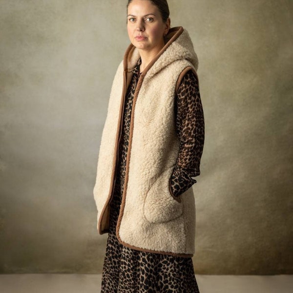 Beige Kapuzen lange Wolle Gilet