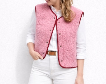 Pink Merino Wool Fleece Vest - Boxy Snap Button Gilet HOPE