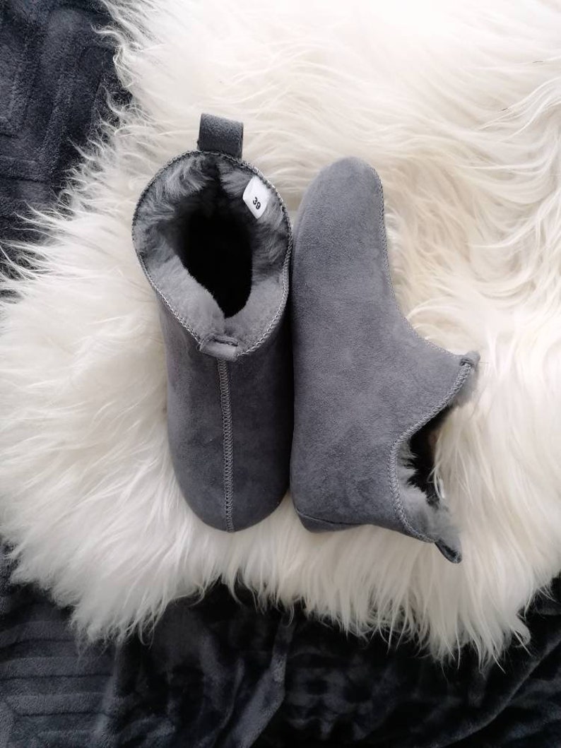 Miko Grey Luxury Sheepskin Slippers Boots Men Women Unisex image 7