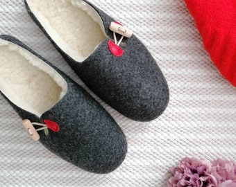 OUTLET Graphite Felt Mules Slip-on Slippers with Red Detail