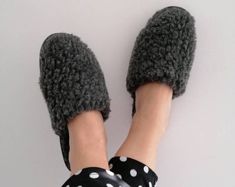 Grey Wool Mule Slippers