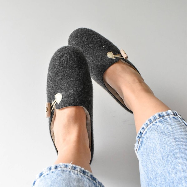 Graphite Felt Mules with cream leather details