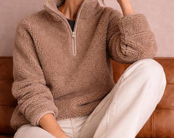 Merino Wool Half Zip Fleece Sweatshirt LAST – Oak Brown