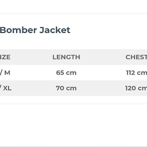 May include: Size chart for a bomber jacket, showing the length and chest measurements in centimetres for sizes S/M and L/XL.