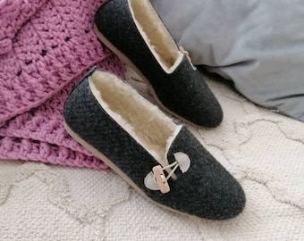 Graphite Felt Ballerina Slippers with Cream Details
