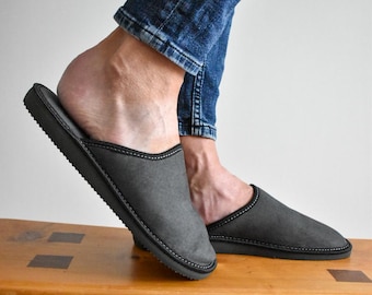 Men's Leather Mules Slippers in Grey
