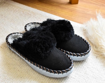 Handmade Sheepskin Mule Slippers /Unisex / Black