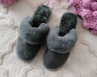 Grey Luxury Sheepskin Mule Slippers