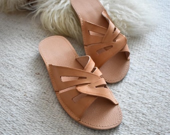 Genuine Leather Slippers with Crossed Straps