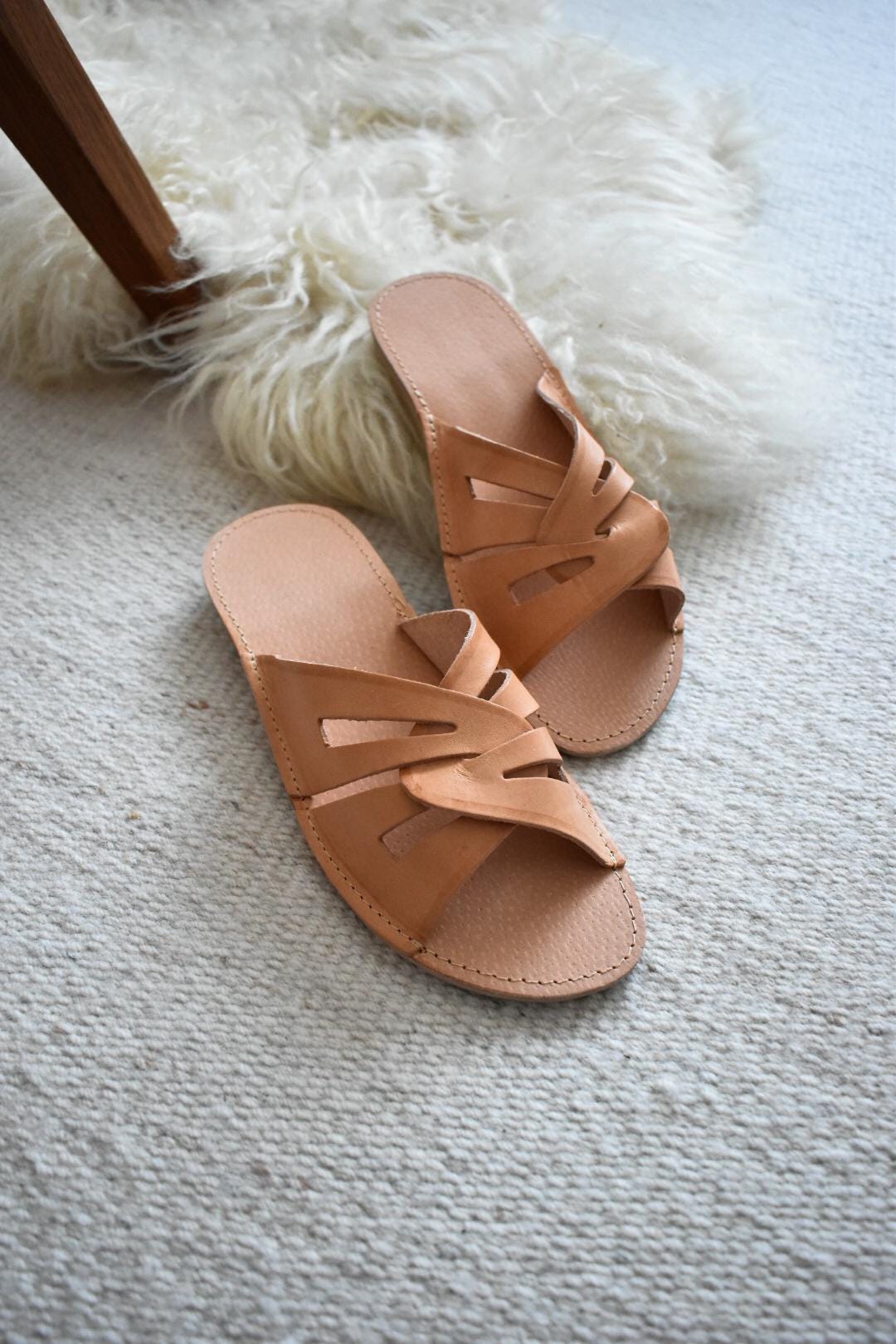 Genuine Leather Slippers with Crossed Straps