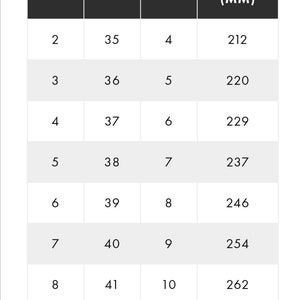 May include: A chart showing shoe sizes in UK, EU, US, and foot length in millimetres. The chart shows sizes from 2 to 9 in UK, 35 to 42 in EU, 4 to 11 in US, and 212 to 270 millimetres in foot length.