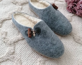 Grey Felt Mules Slip-on Slippers Warm