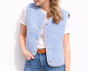 Blue Merino Wool Fleece Vest - Boxy Snap Button Gilet HOPE