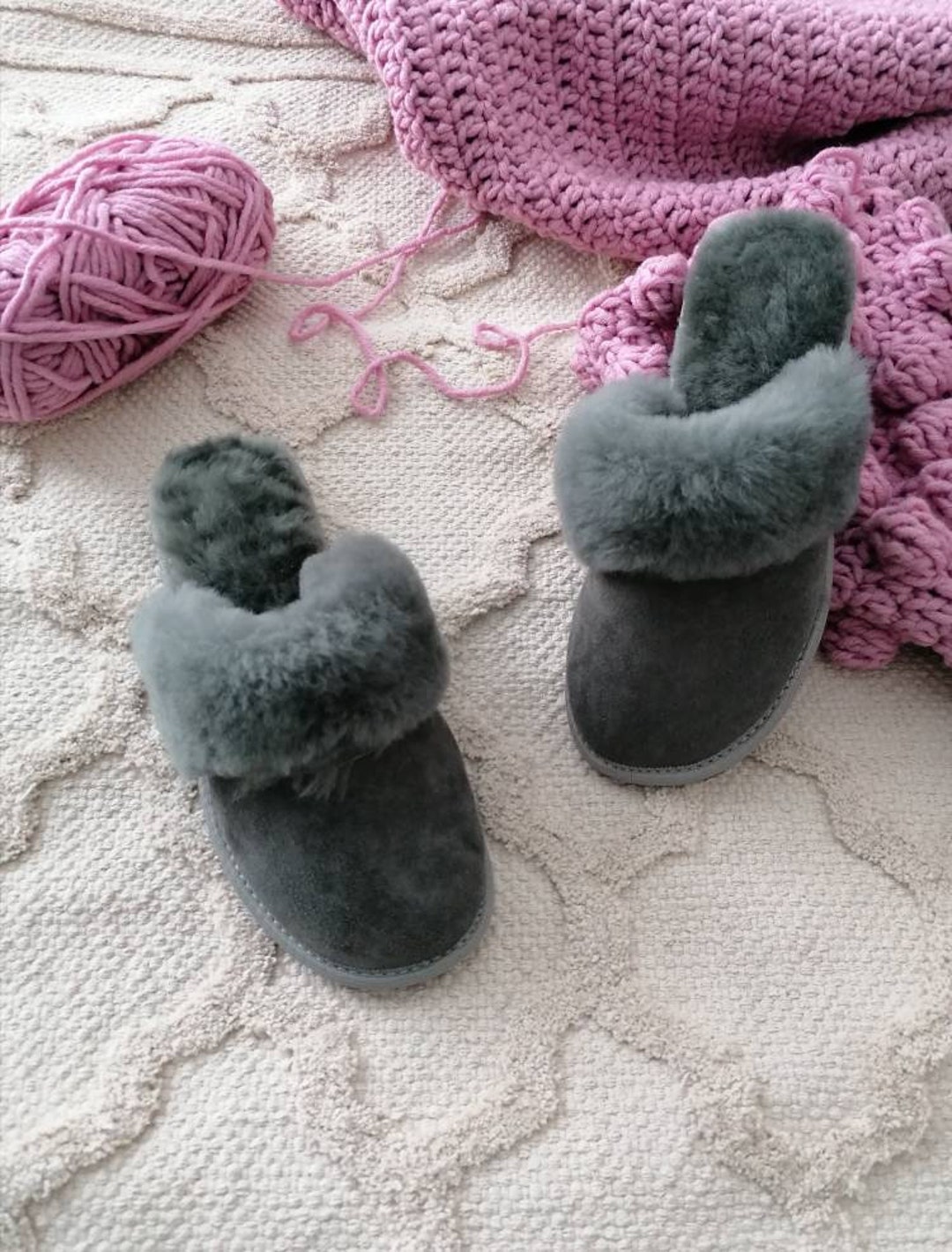 MULES SLIPPERS SHEEPWOOL SUEDE GREY