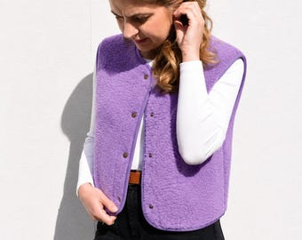 Lilac Merino Wool Fleece Vest - Boxy Snap Button Gilet HOPE